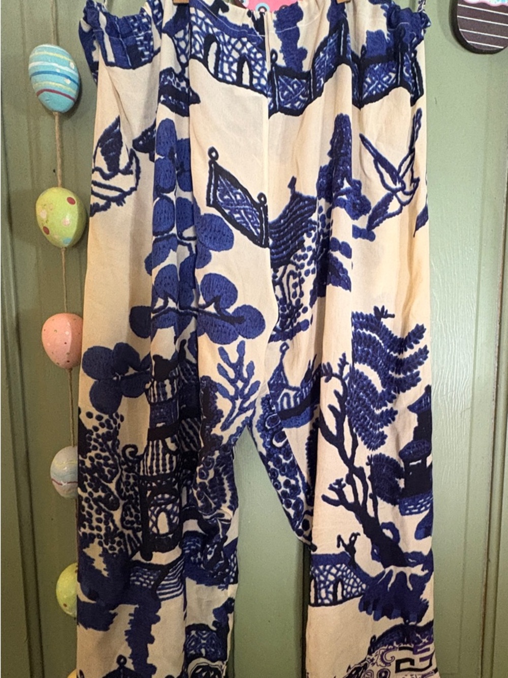 Wide Leg Printed Pants in Blue and Cream - Picture 6 of 6